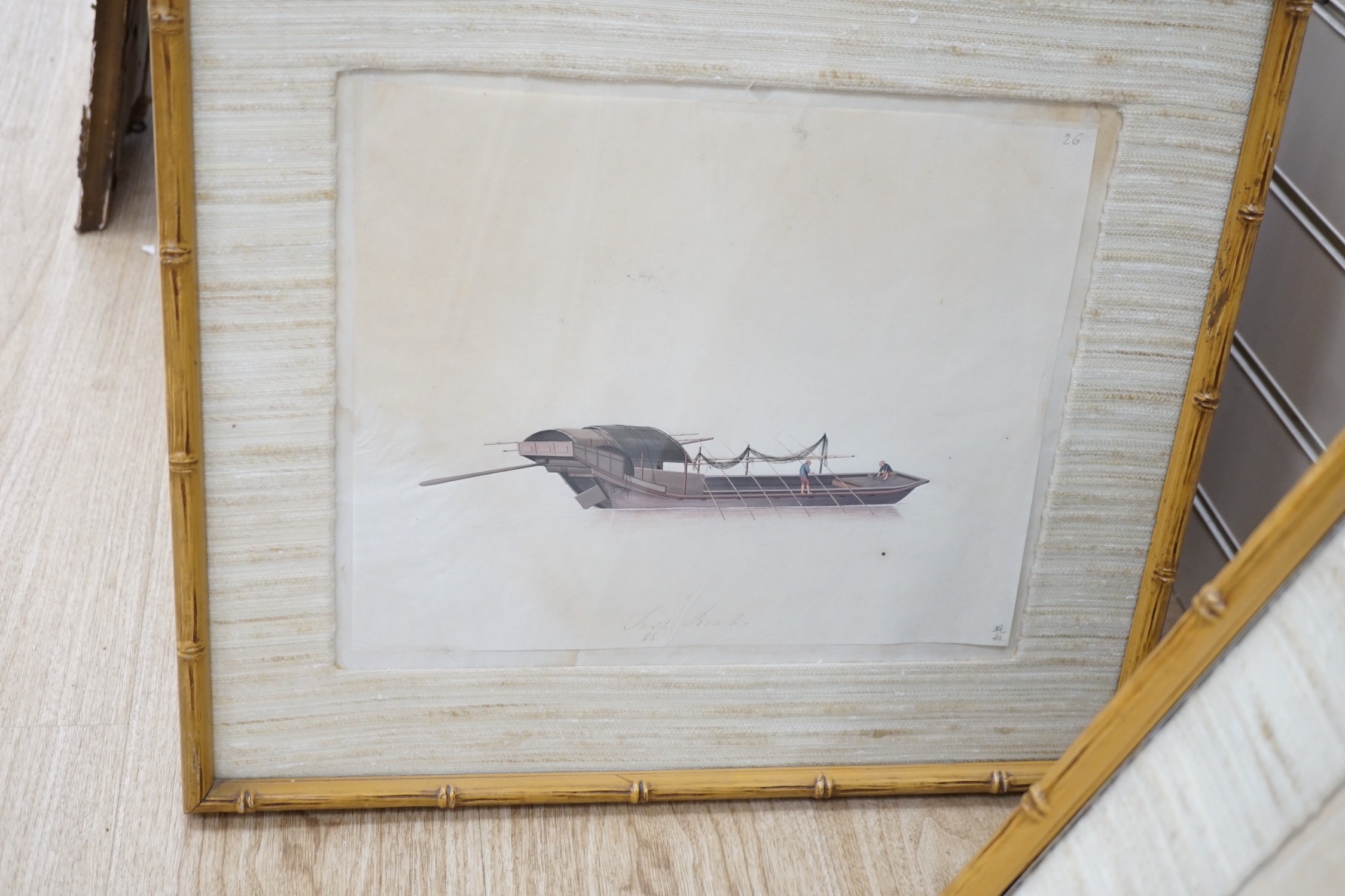 19th century Chinese School, nine gouaches on pith paper, Studies of water-going vessels, inscribed in Chinese and titled in English, giving the names and uses of the various vessels, 29 x 34cm